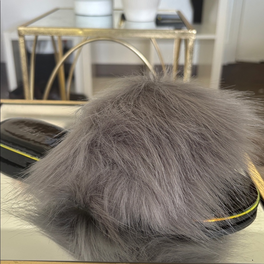 Gray Furry Slide Sandals